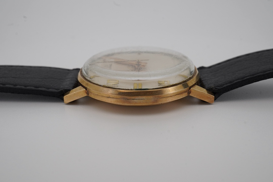 A gentleman's yellow metal Astral manual wind wrist watch, with engraved case back inscription, on a leather strap, with original box and guarantee. Condition - poor to fair